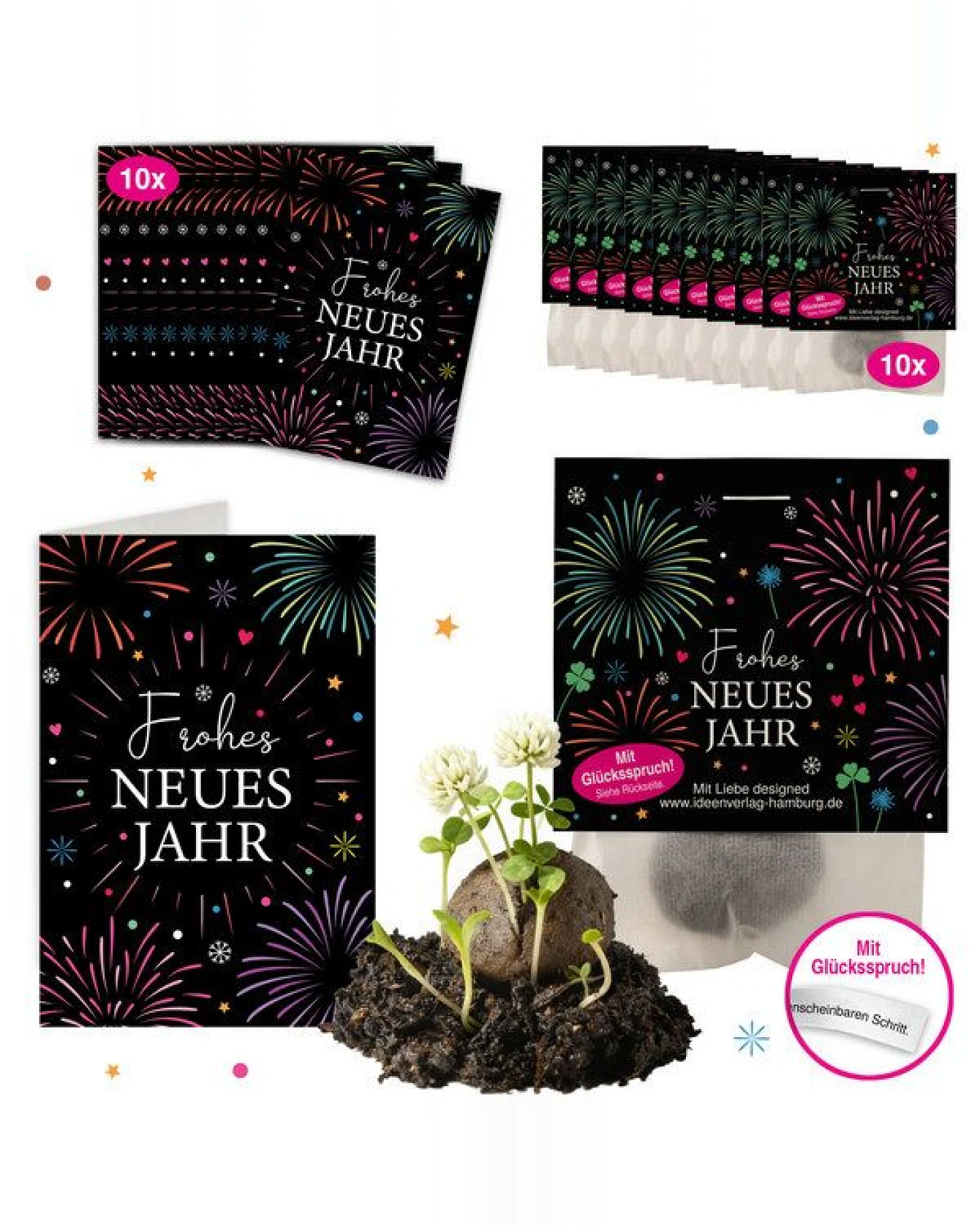 Ideenverlag Hamburg 10 „Silvester“ Klee-Samenbomben mit Glücksspruch & 10 Geschenkkarten „Frohes Neues Jahr“ – Ansicht 2
