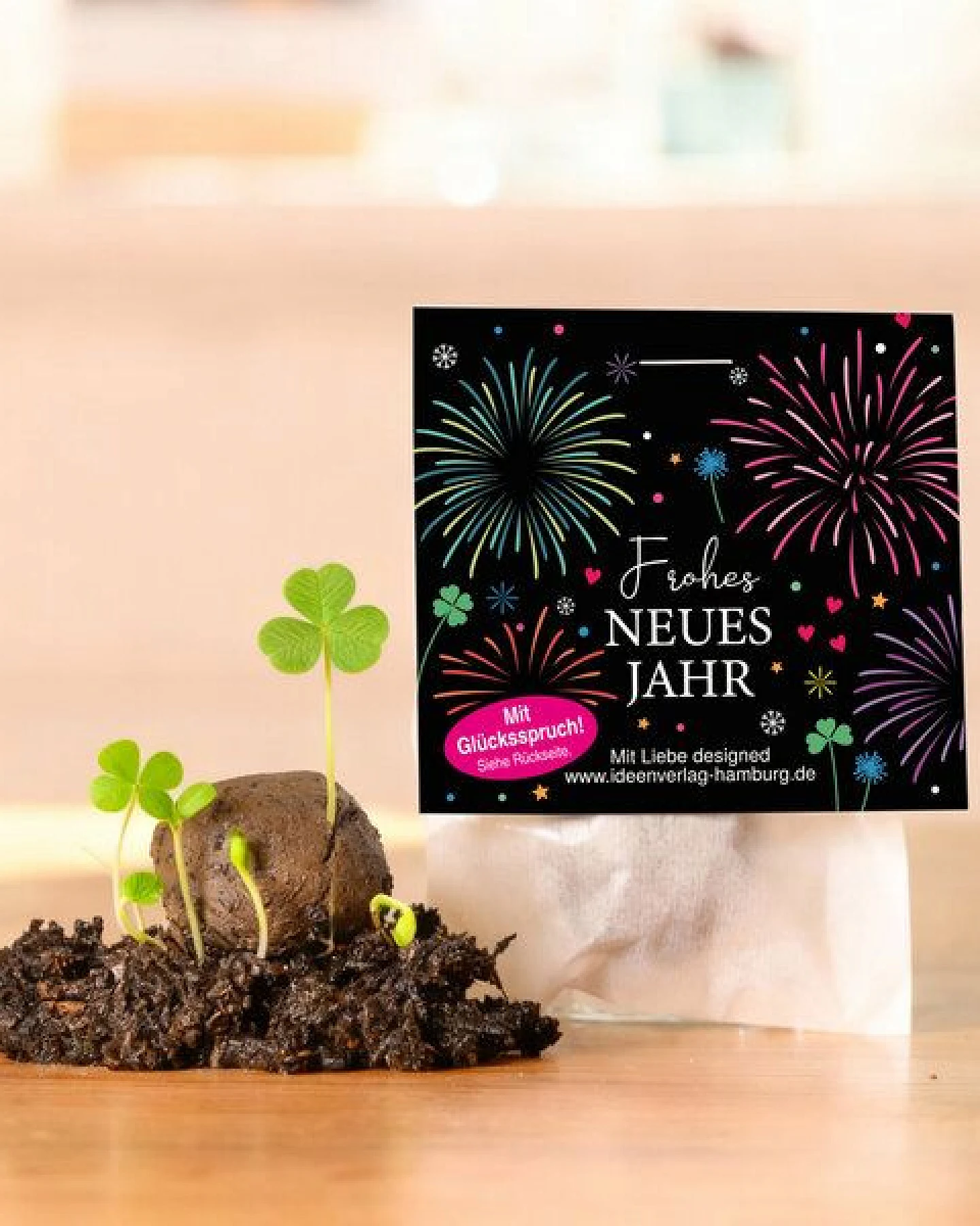 Ideenverlag Hamburg 10 „Silvester“ Klee-Samenbomben mit Glücksspruch & 10 Geschenkkarten „Frohes Neues Jahr“ – Ansicht 3