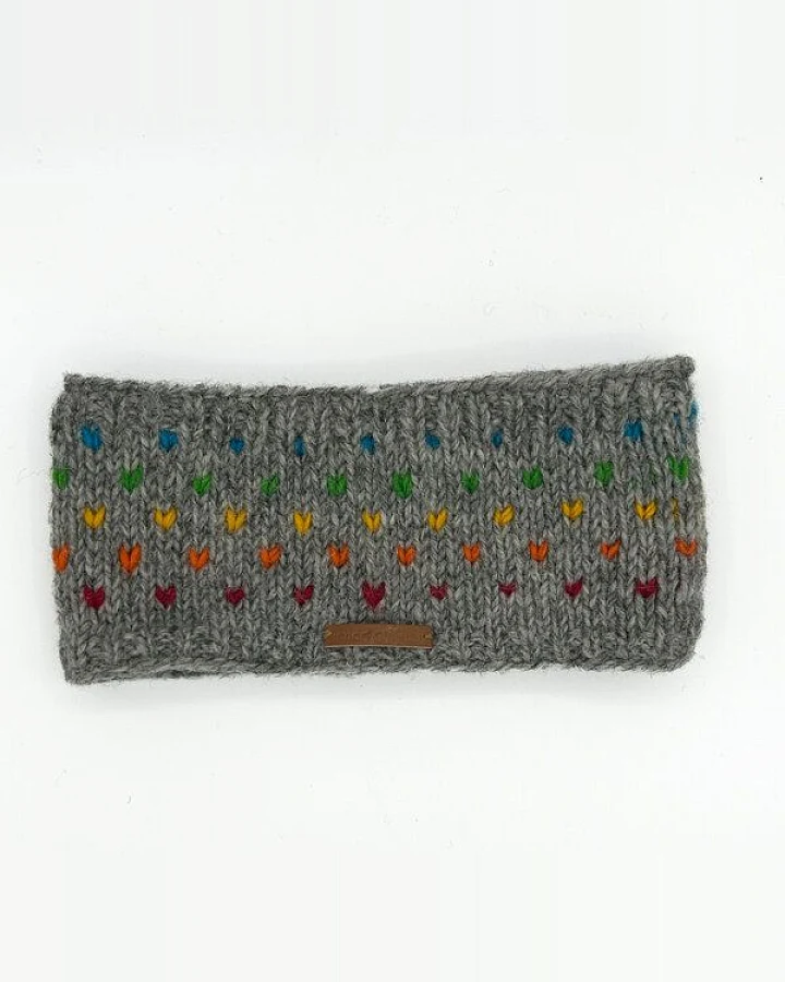 short'n'pietz Schurwollstirnband, handgestrickt hellgrau mit bunten Farbtupfern