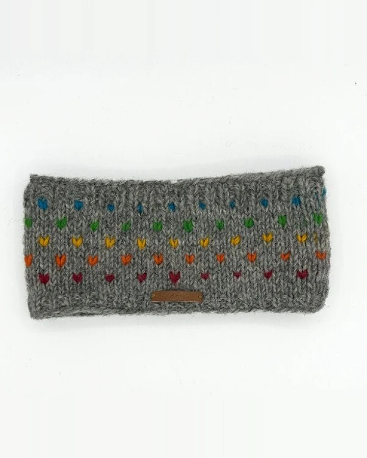 short'n'pietz Schurwollstirnband, handgestrickt hellgrau mit bunten Farbtupfern