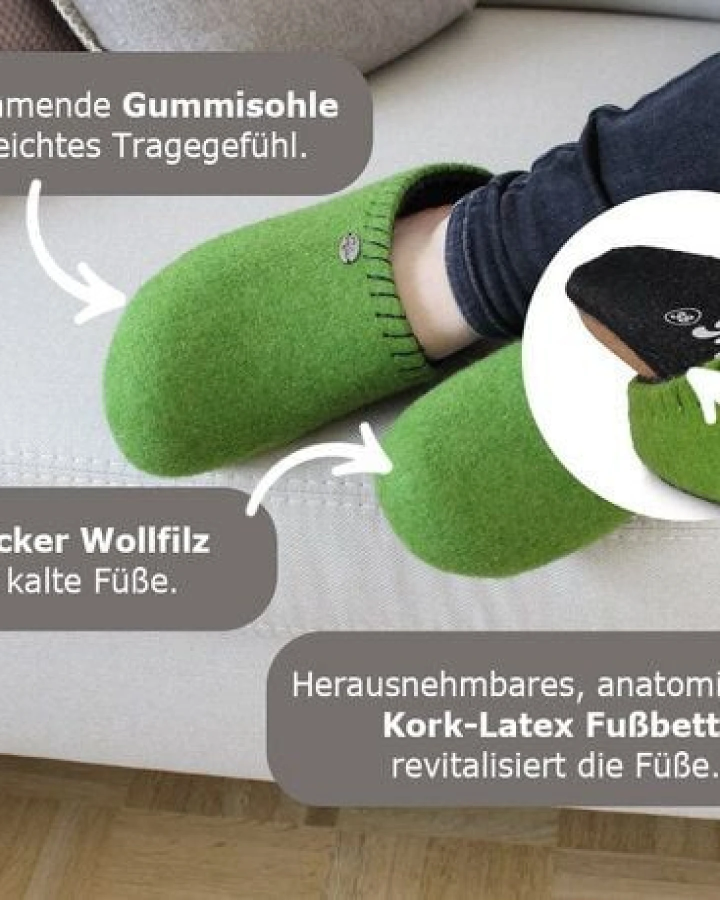Tuffeln Klassische Filzpantoffeln mit anatomisch geformtem Korkfußbett – Ansicht 3