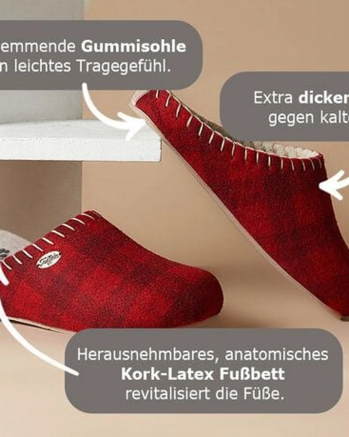Tuffeln Klassische Filzpantoffeln mit anatomisch geformtem Korkfußbett – Ansicht 3