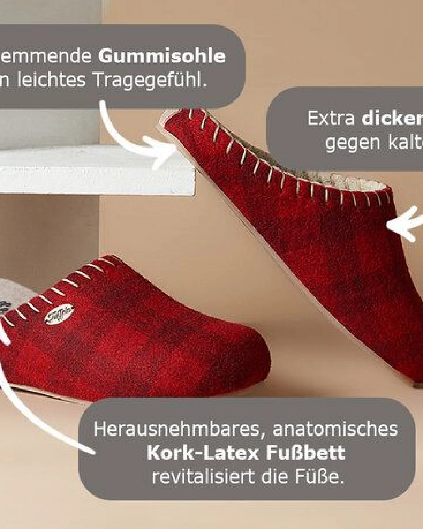 Tuffeln Klassische Filzpantoffeln mit anatomisch geformtem Korkfußbett – Ansicht 3