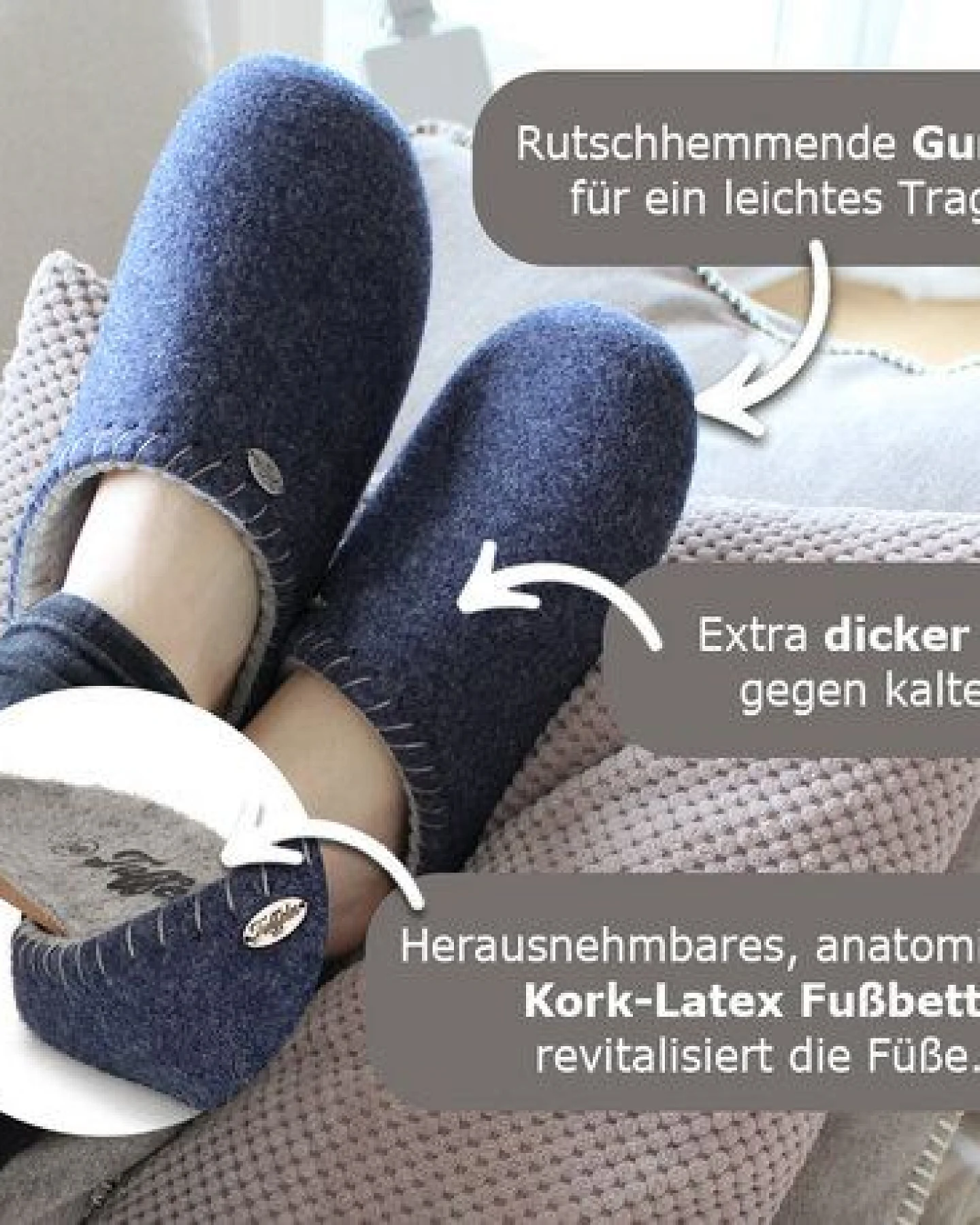 Tuffeln Klassische Filzpantoffeln mit anatomisch geformtem Korkfußbett – Ansicht 3