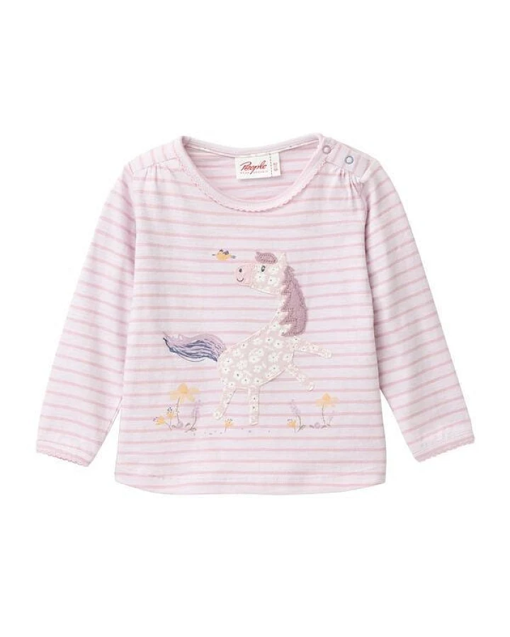 People Wear Organic Langarm Shirt, rosa geringelt, "Pferd", Bio-Baumwolle