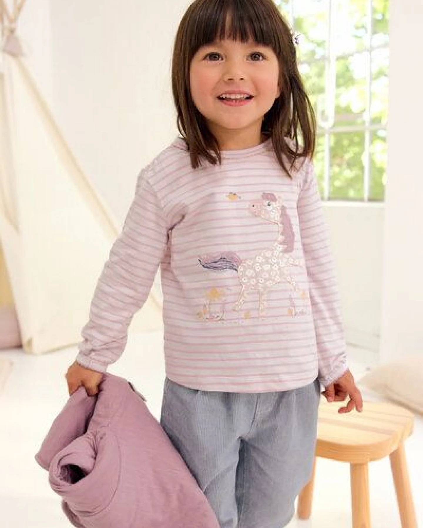 People Wear Organic Langarm Shirt, rosa geringelt, "Pferd", Bio-Baumwolle – Ansicht 2