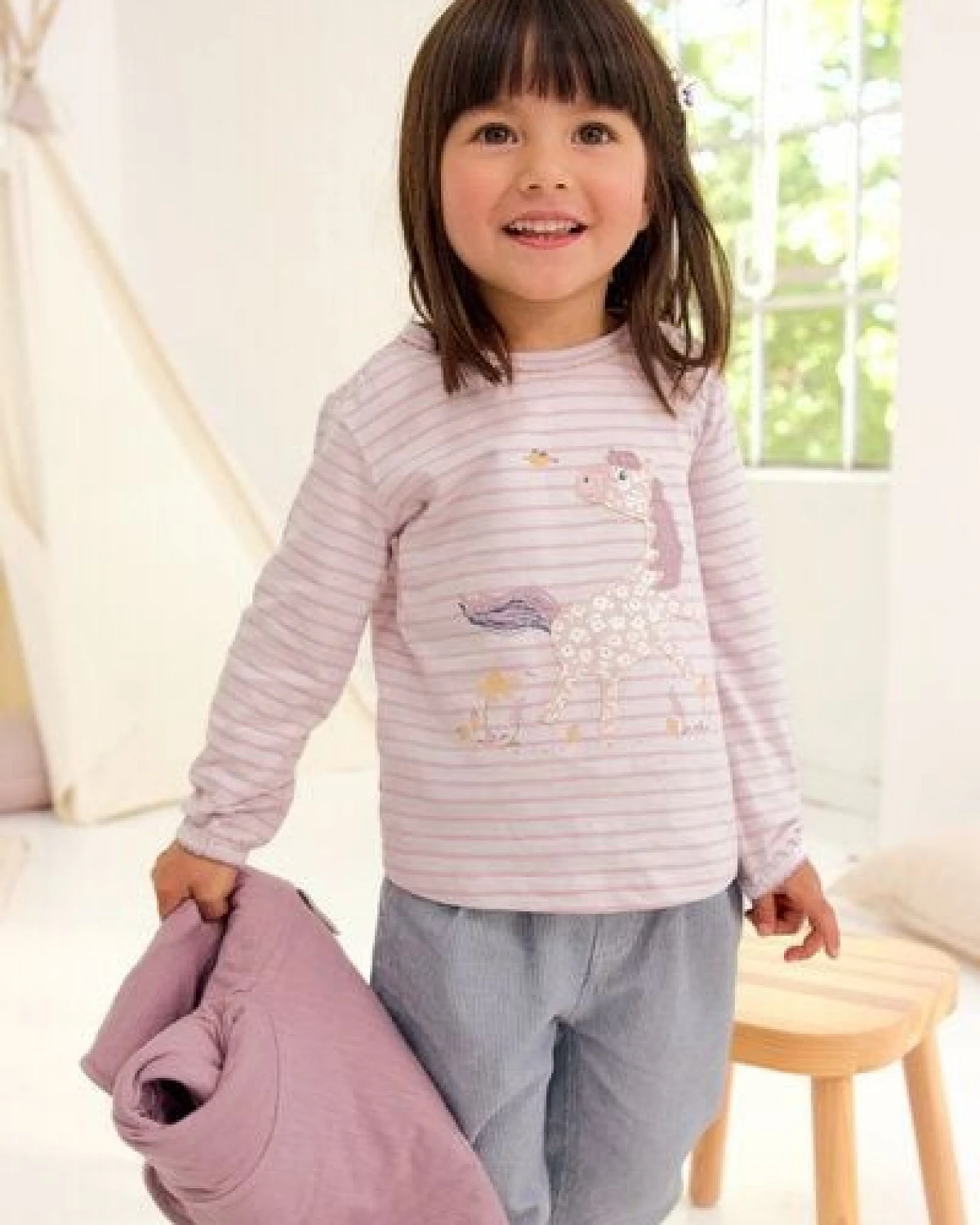 People Wear Organic Langarm Shirt, rosa geringelt, "Pferd", Bio-Baumwolle – Ansicht 2
