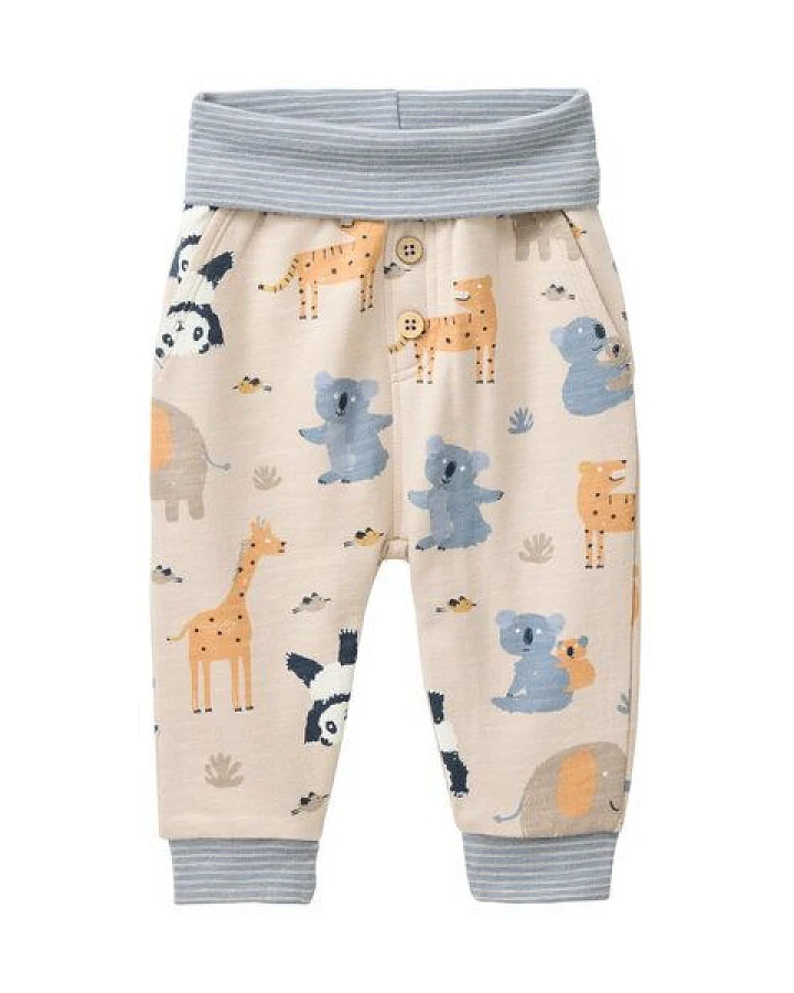 People Wear Organic Sweat Hose, beige bedruckt, "Tiere im Zoo", Bio-Baumwolle