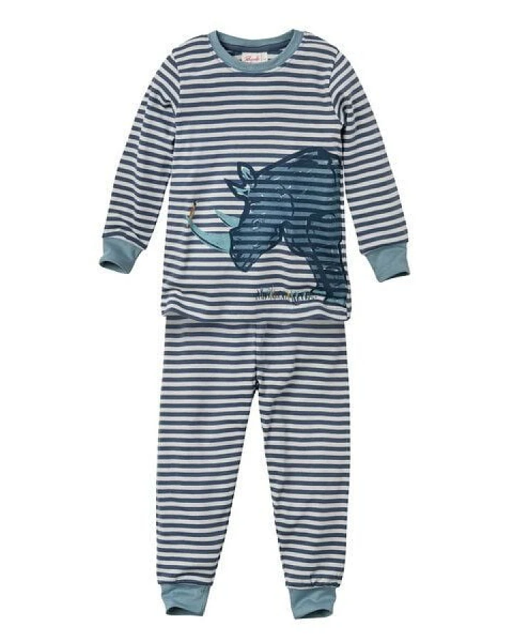People Wear Organic Pyjama, blau geringelt "Nashorn", Bio-Baumwolle