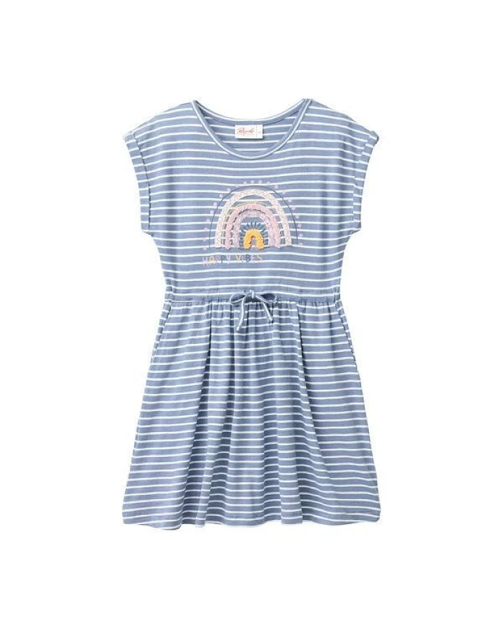 People Wear Organic "Kurzarm Kleid, blau geringelt, ""Regenbogen"", Bio-Baumwolle "