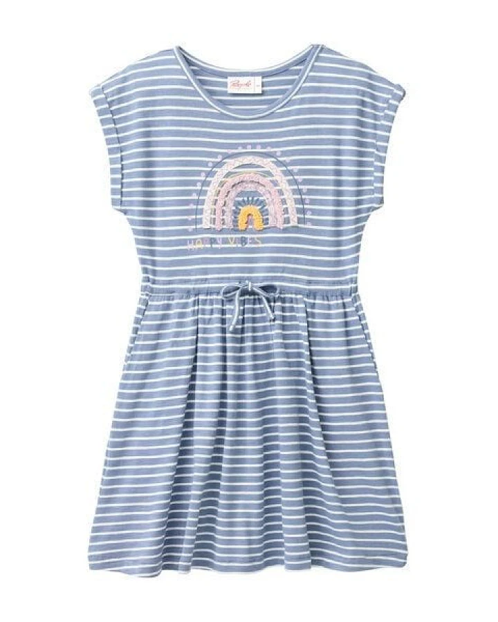 People Wear Organic "Kurzarm Kleid, blau geringelt, ""Regenbogen"", Bio-Baumwolle "