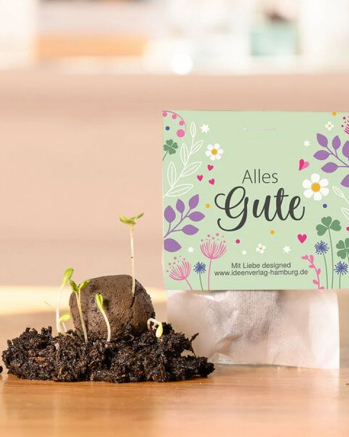 Ideenverlag Hamburg 10 „Alles Gute“ Samenbomben im Tütchen mit Wildblumensaatgut