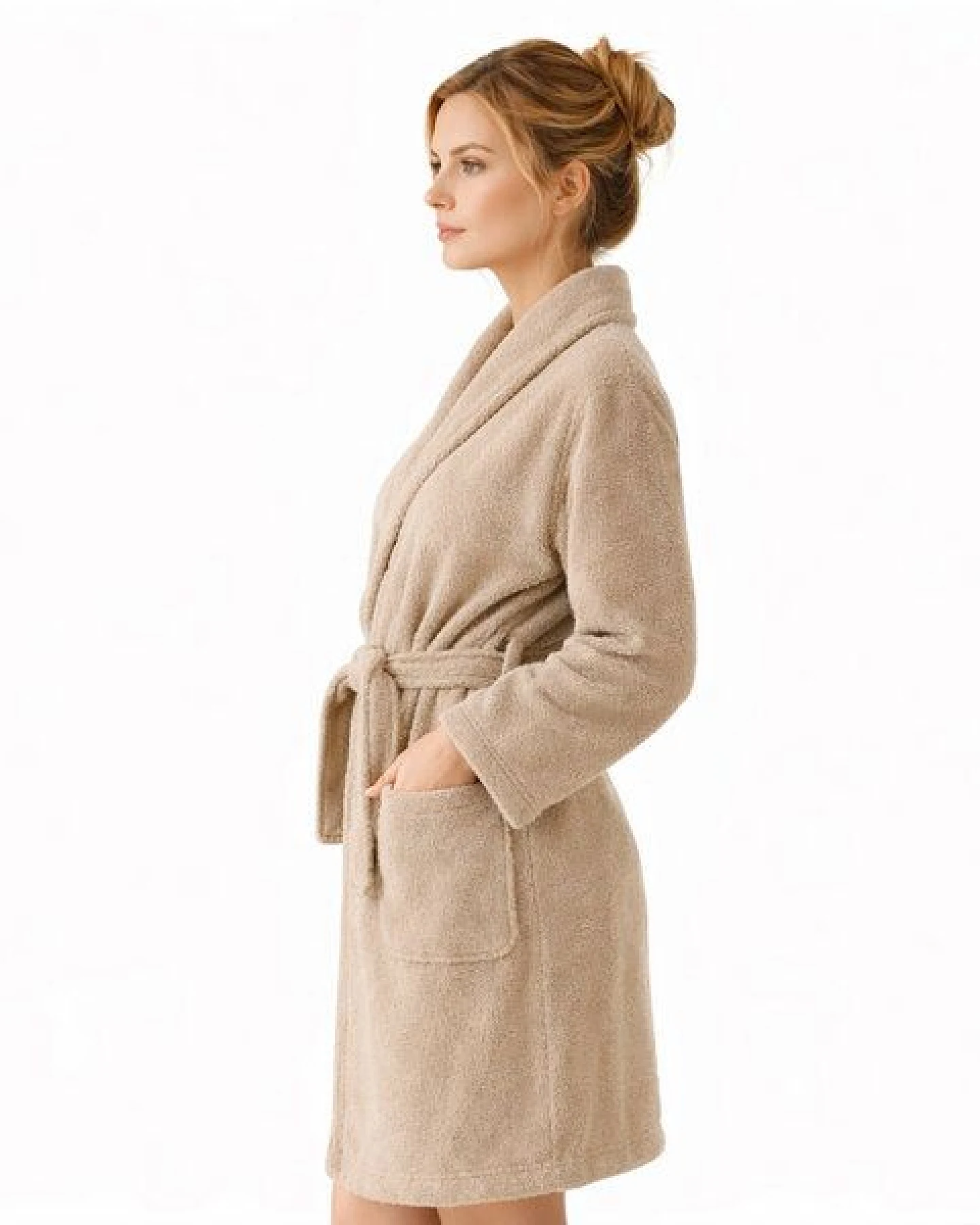 Bruno Barella Damenbademantel aus Ägäis-Biobaumwolle in Anthrazit, Sand, Navy – sanft, flauschig & elegant – Ansicht 4