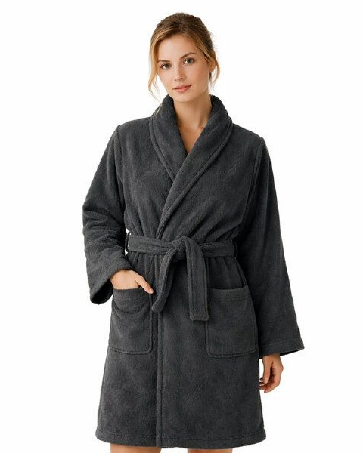 Bruno Barella Damenbademantel aus Ägäis-Biobaumwolle in Anthrazit, Sand, Navy – sanft, flauschig & elegant – Ansicht 4