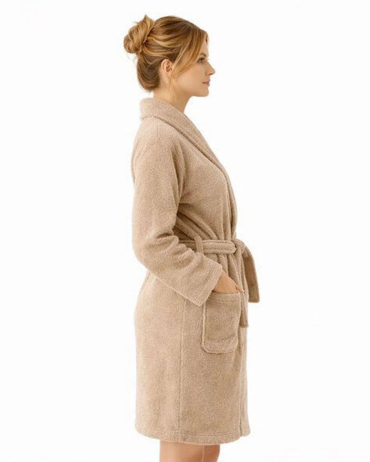 Bruno Barella Damenbademantel aus Ägäis-Biobaumwolle in Anthrazit, Sand, Navy – sanft, flauschig & elegant – Ansicht 2