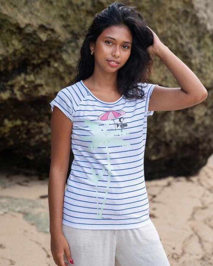 FellHerz Damen T-Shirt Palm Tree striped blue white Bio Fair und Vegan