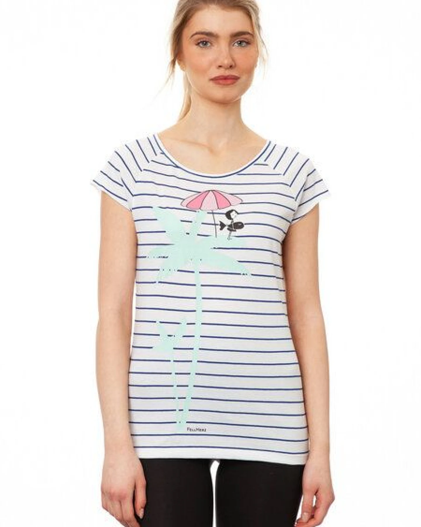 FellHerz Damen T-Shirt Palm Tree striped blue white Bio Fair und Vegan – Ansicht 4