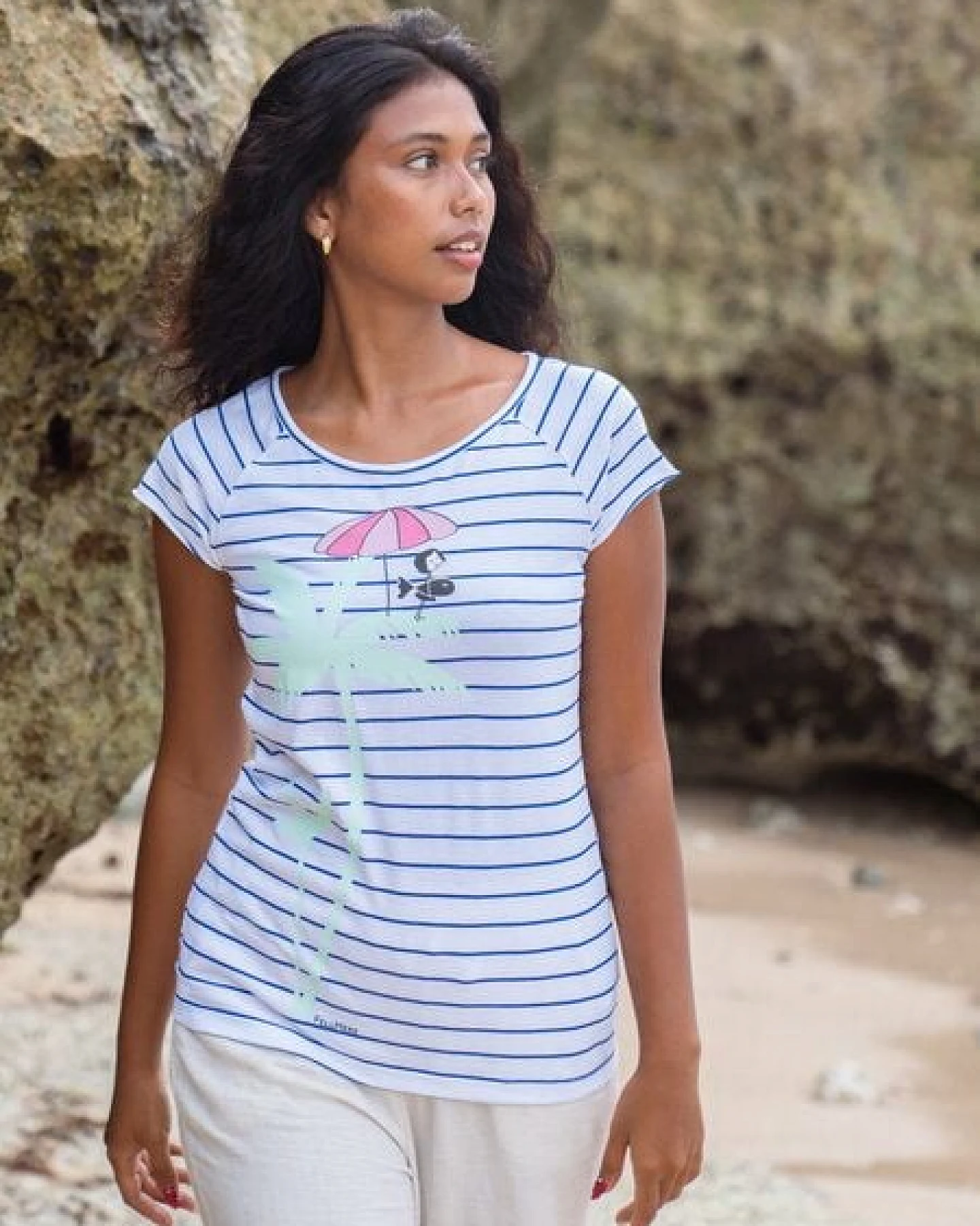 FellHerz Damen T-Shirt Palm Tree striped blue white Bio Fair und Vegan – Ansicht 2
