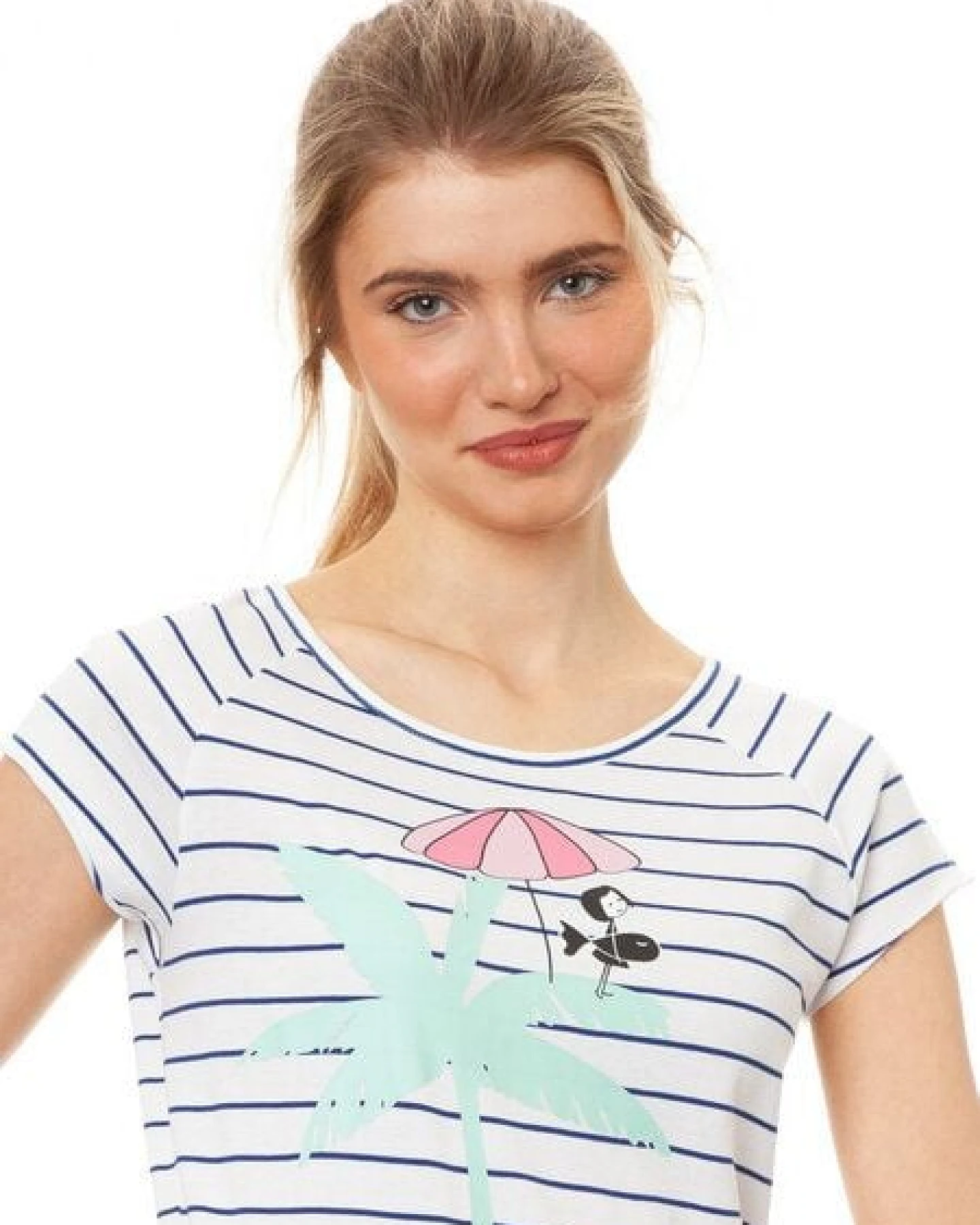 FellHerz Damen T-Shirt Palm Tree striped blue white Bio Fair und Vegan – Ansicht 3