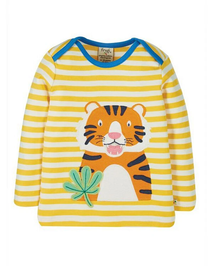Frugi Langarm-Shirt Tiger gelb-weiß gestreift Bobby Applique Top Tiger
