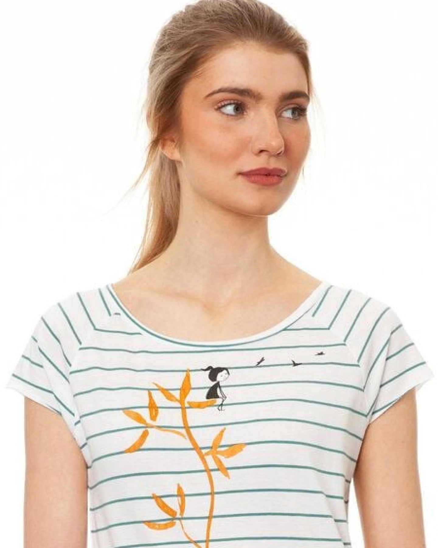 FellHerz Damen T-Shirt Me Time striped white teal Bio Fair und Vegan – Ansicht 2