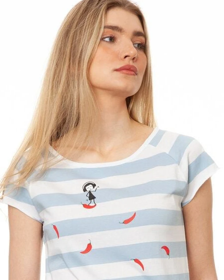 FellHerz Damen T-Shirt Red Chilli Cap Sleeve block striped light blue Bio Fair und Vegan