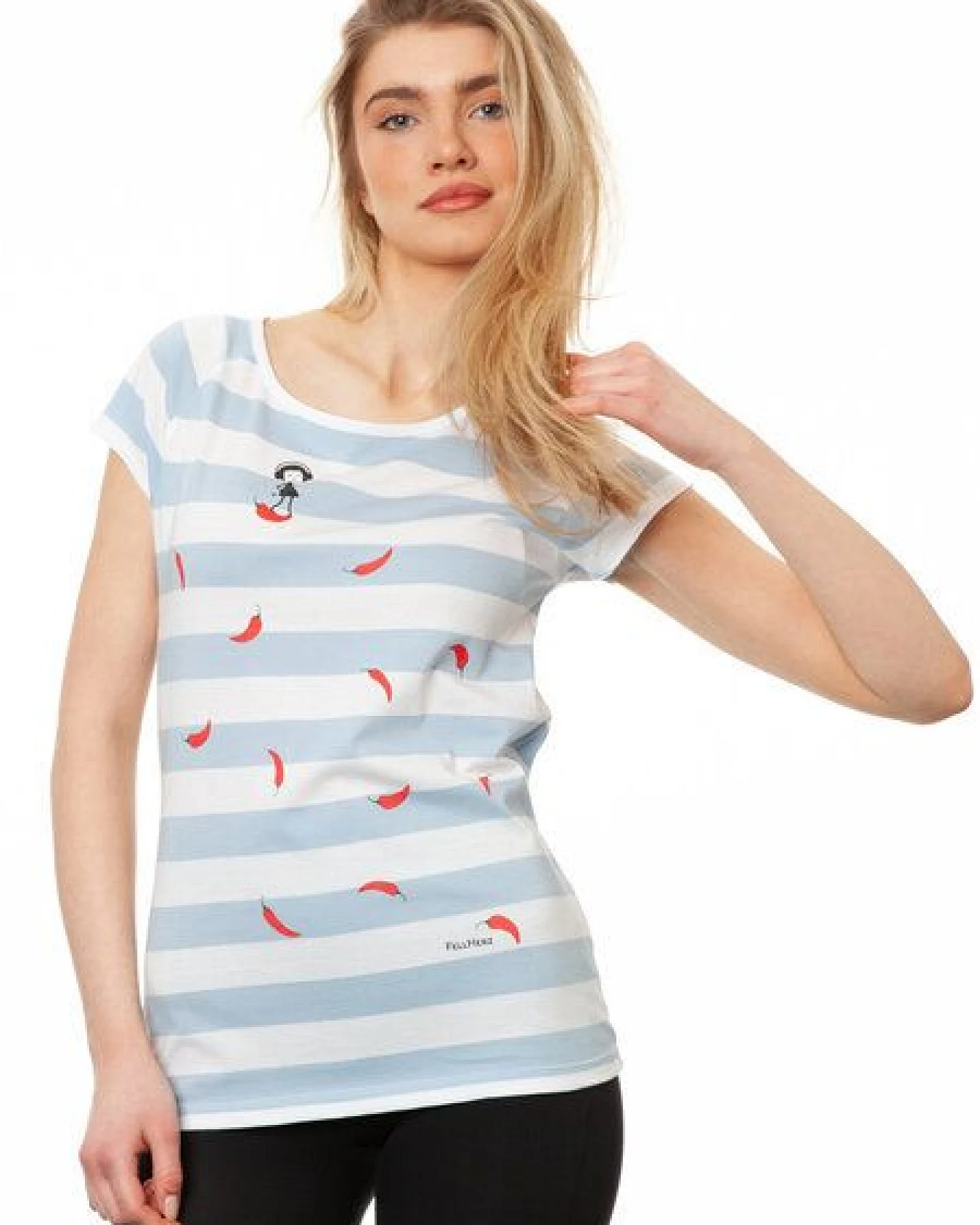 FellHerz Damen T-Shirt Red Chilli Cap Sleeve block striped light blue Bio Fair und Vegan – Ansicht 3