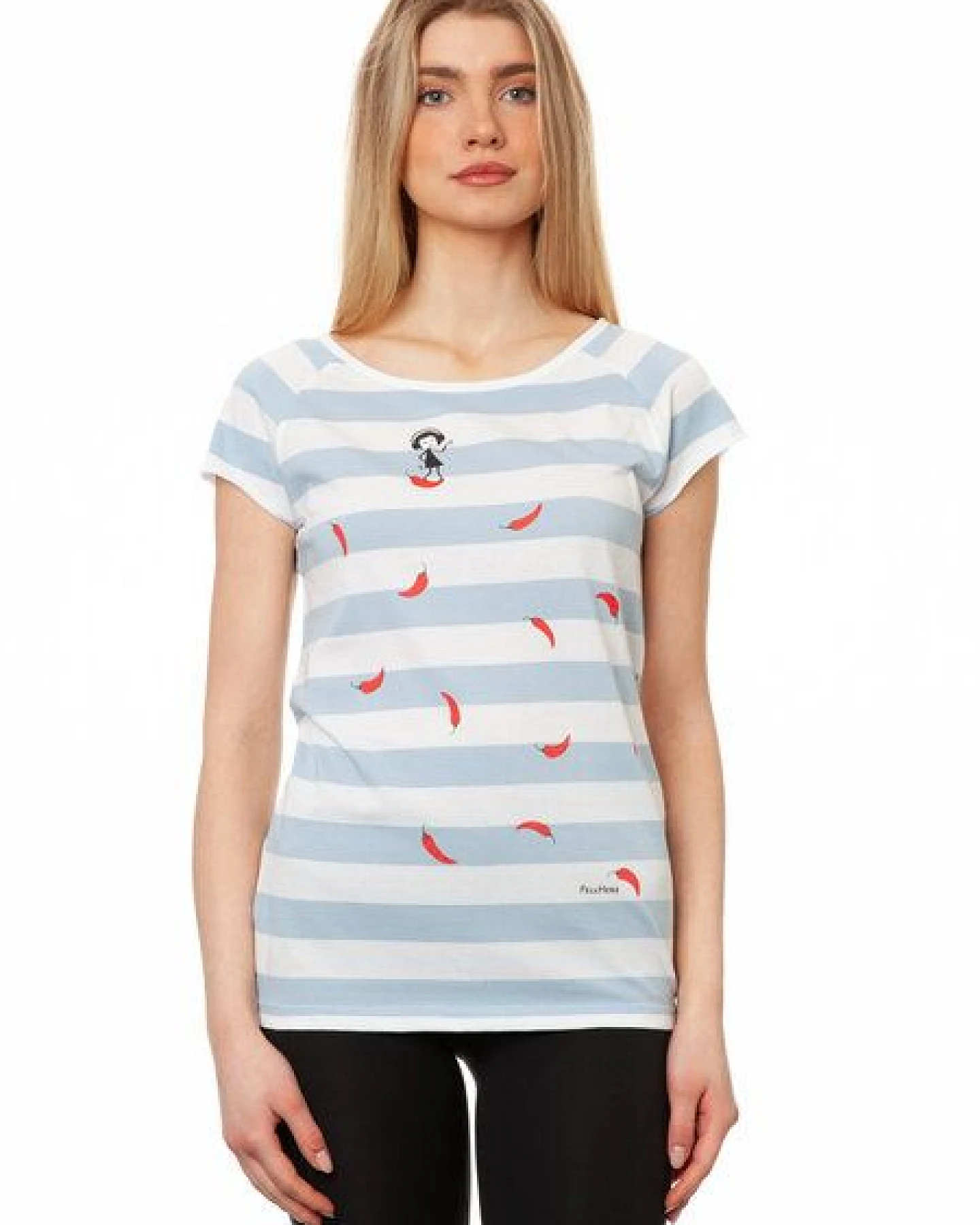 FellHerz Damen T-Shirt Red Chilli Cap Sleeve block striped light blue Bio Fair und Vegan – Ansicht 2