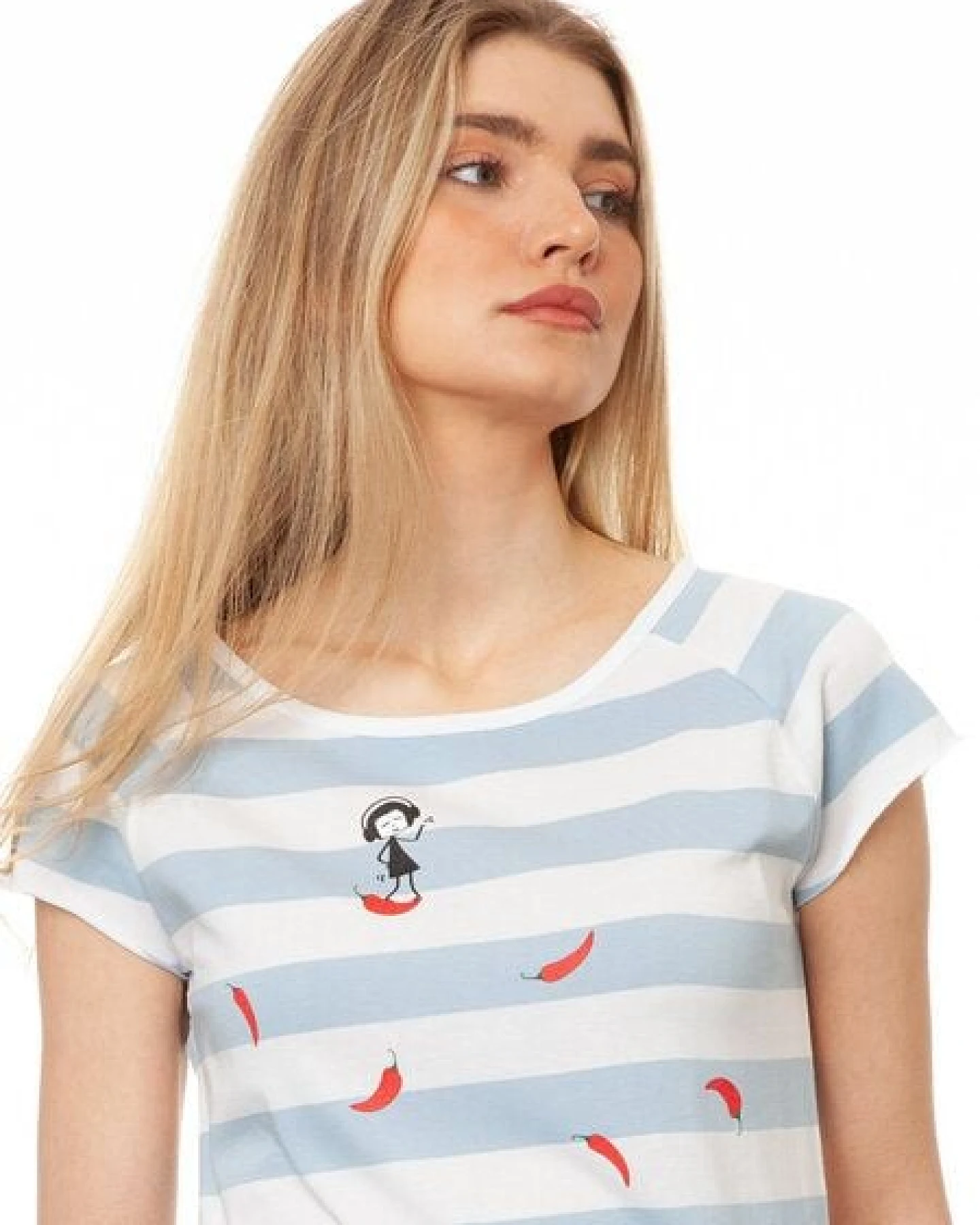 FellHerz Damen T-Shirt Red Chilli Cap Sleeve block striped light blue Bio Fair und Vegan – Ansicht 4