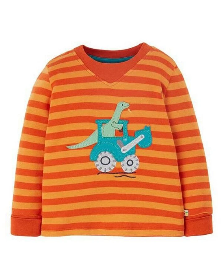 Frugi Langarm-Shirt Dino/Traktor in orange gestreift Easy on Top