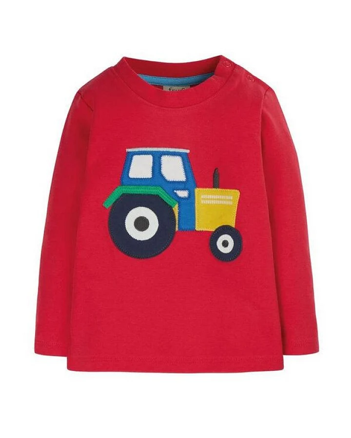 Frugi Langarm-Shirt Adventure Applique Top Traktor in rot