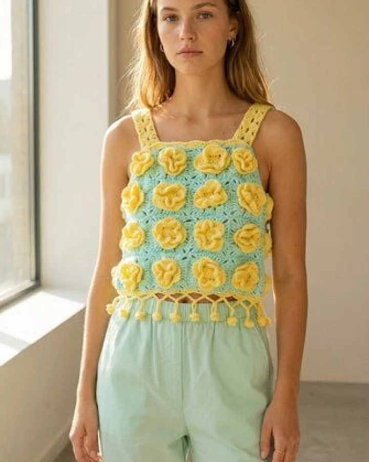 KnitToChange Handgehäkeltes Crop-Top mit 3D-Blüten in Mint & Gelb