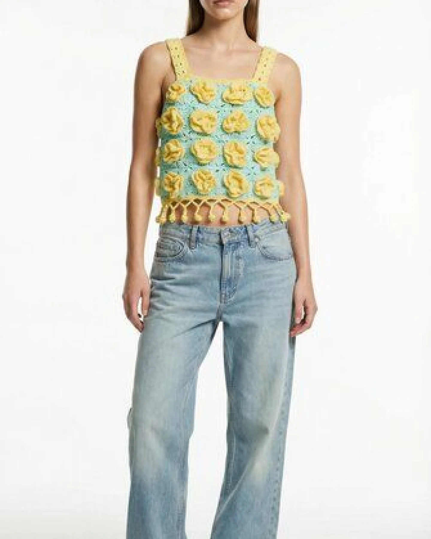 KnitToChange Handgehäkeltes Crop-Top mit 3D-Blüten in Mint & Gelb – Ansicht 4