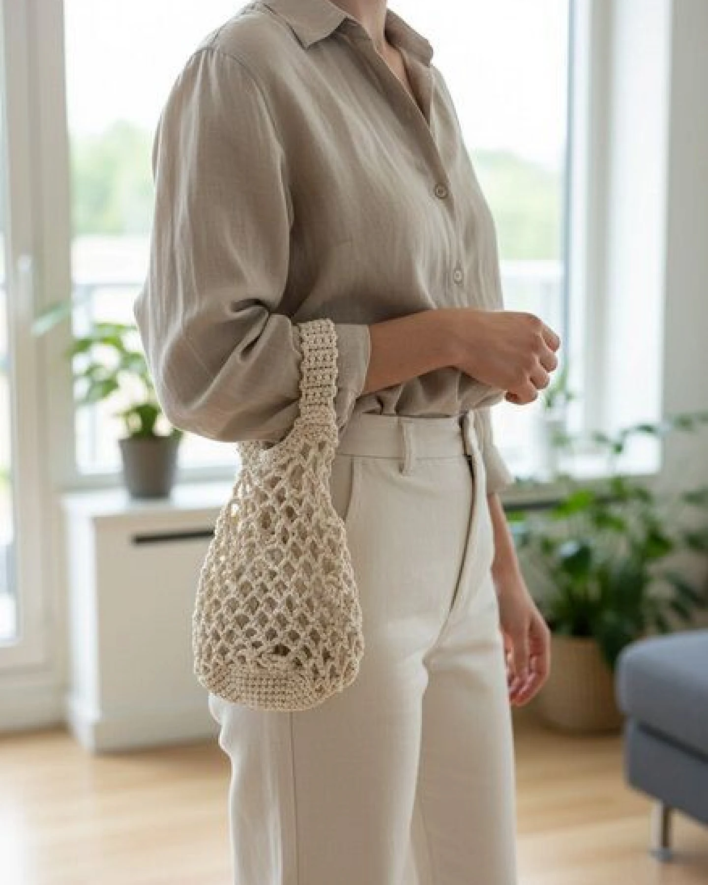 KnitToChange Handgehäkelte Netztasche aus Baumwolle – Natur – Ansicht 3