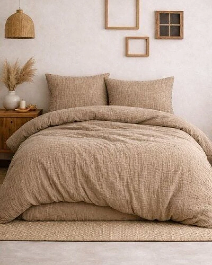 Sandiik Musselin Bettwäsche „Warm Taupe“ – aus Biobaumwolle