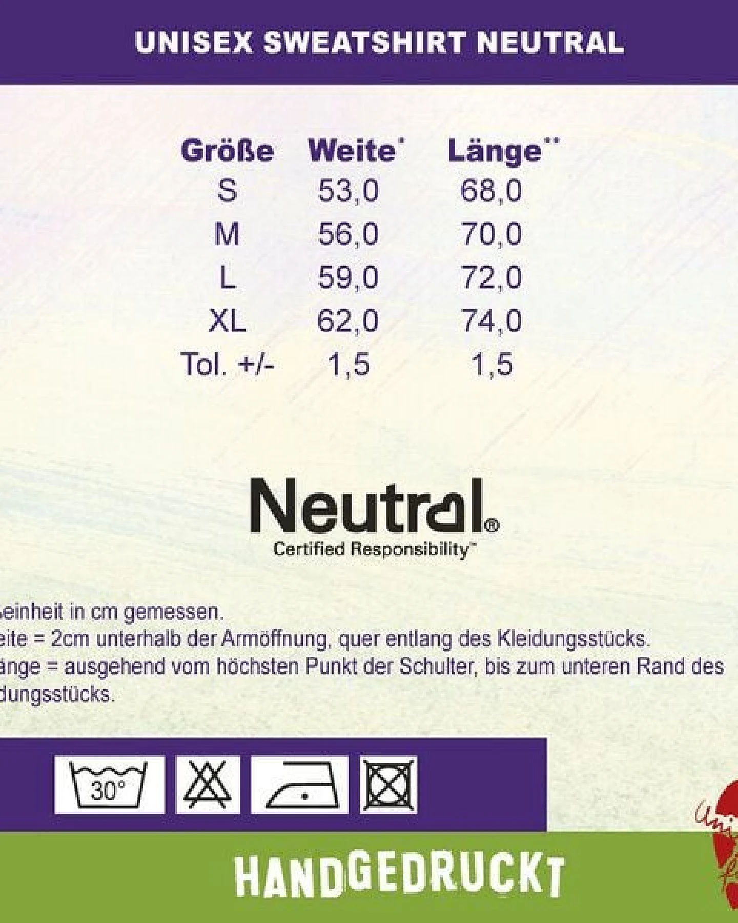 HANDGEDRUCKT "Wilde Wiese" Unisex Sweatshirt aus reiner Biobaumwolle (kbA) – Ansicht 2