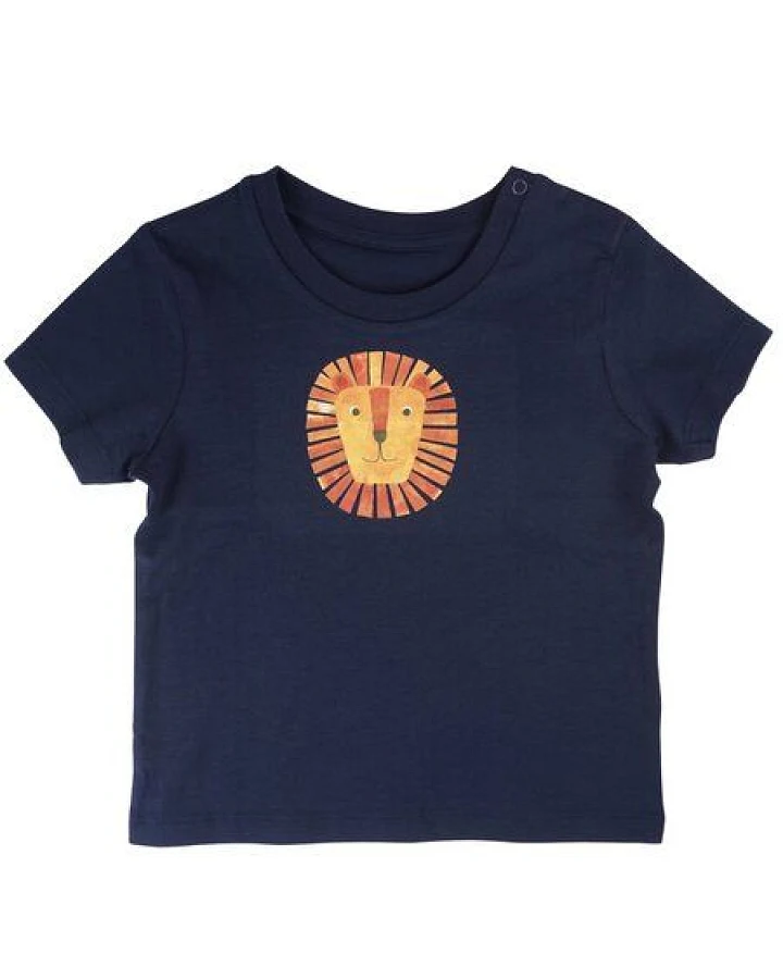 Meladi Kinder Baby-Shirt aus Biobaumwolle - Löwe auf Navy Blau