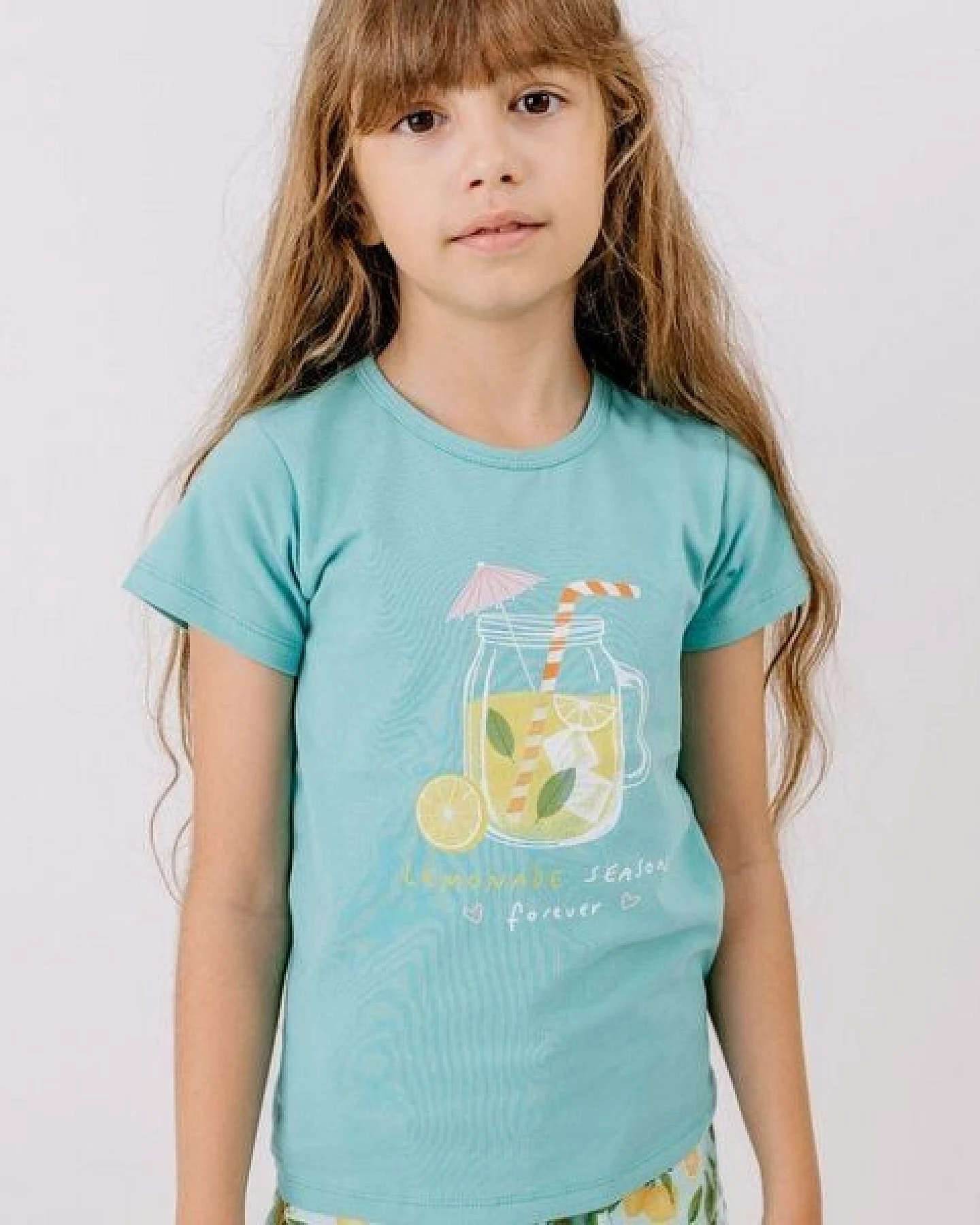 T-Shirt Hellblau Limonade platzierter Print Musselin Bio-Baumwolle GOTS – Walkiddy – Ansicht 2