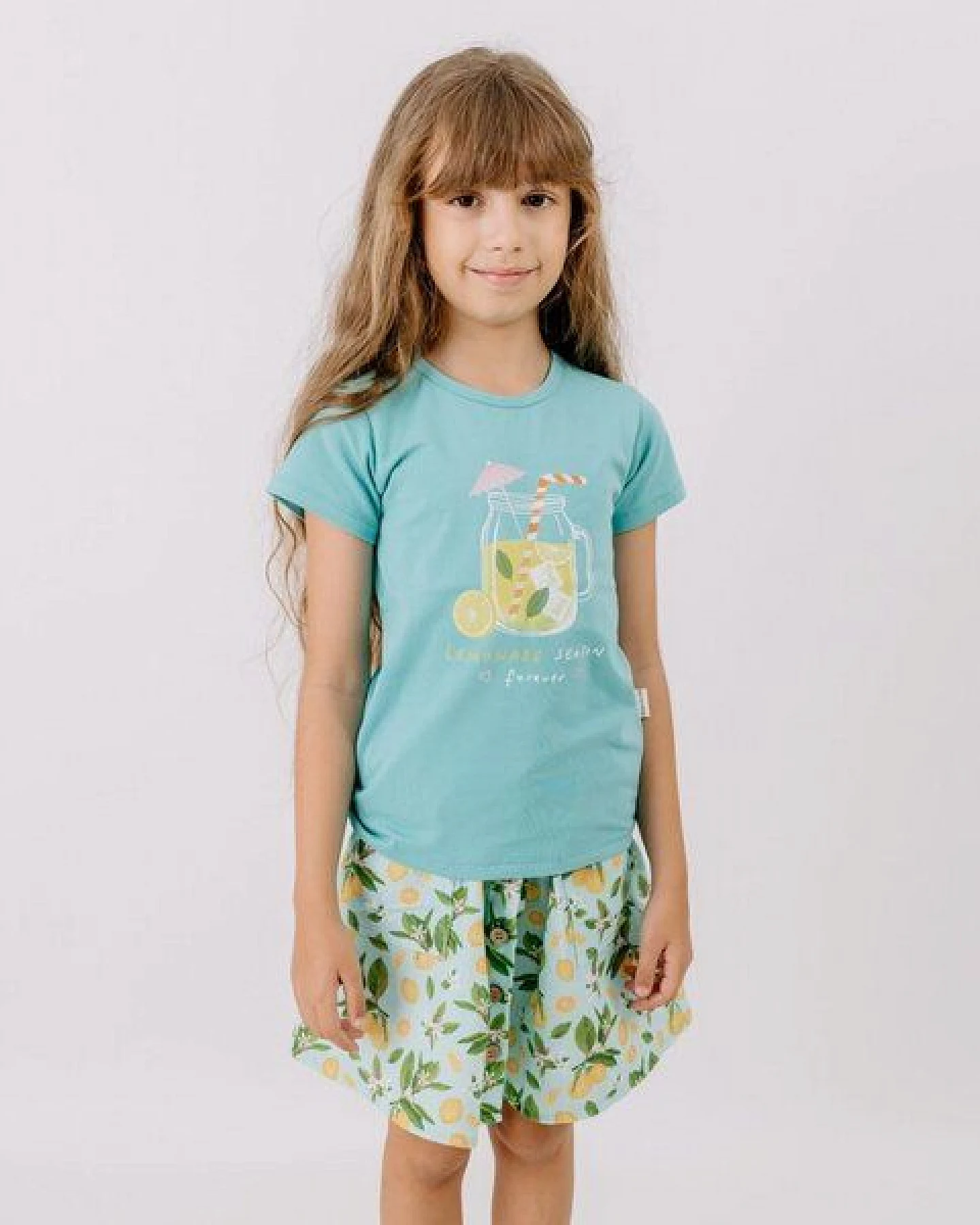 T-Shirt Hellblau Limonade platzierter Print Musselin Bio-Baumwolle GOTS – Walkiddy – Ansicht 3