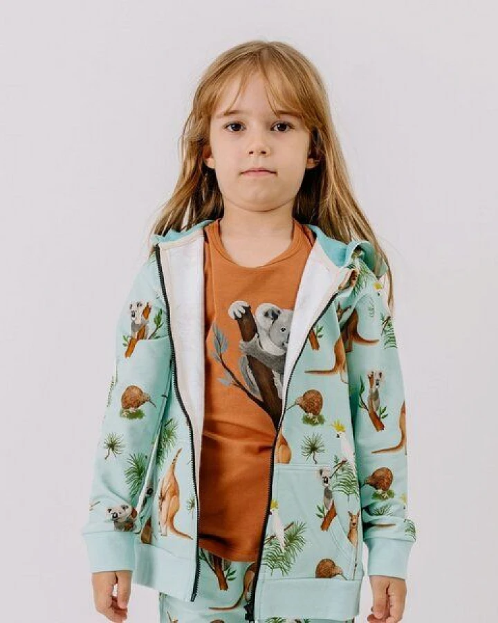 Kapuzenjacke Mint Kängurus & Koalas Allover-Print Bio-Baumwolle GOTS – Walkiddy