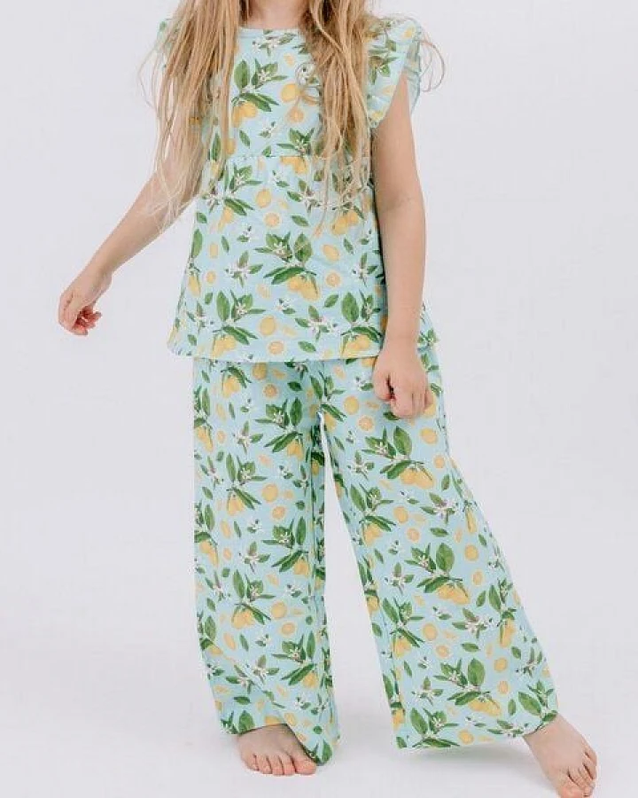 Hose Hellblau Zitronen Allover Musselin Bio-Baumwolle GOTS – Walkiddy