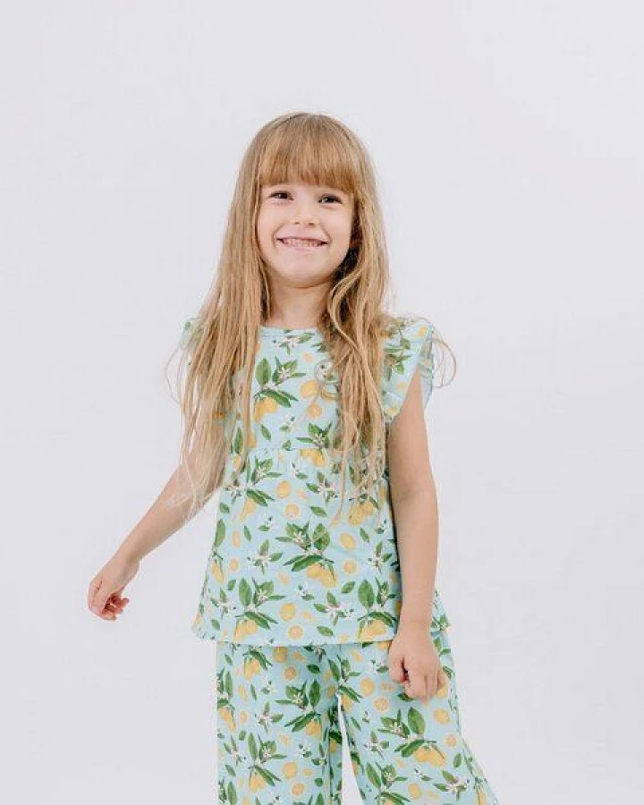 Bluse Hellblau Zitronen Allover Musselin Bio-Baumwolle GOTS – Walkiddy