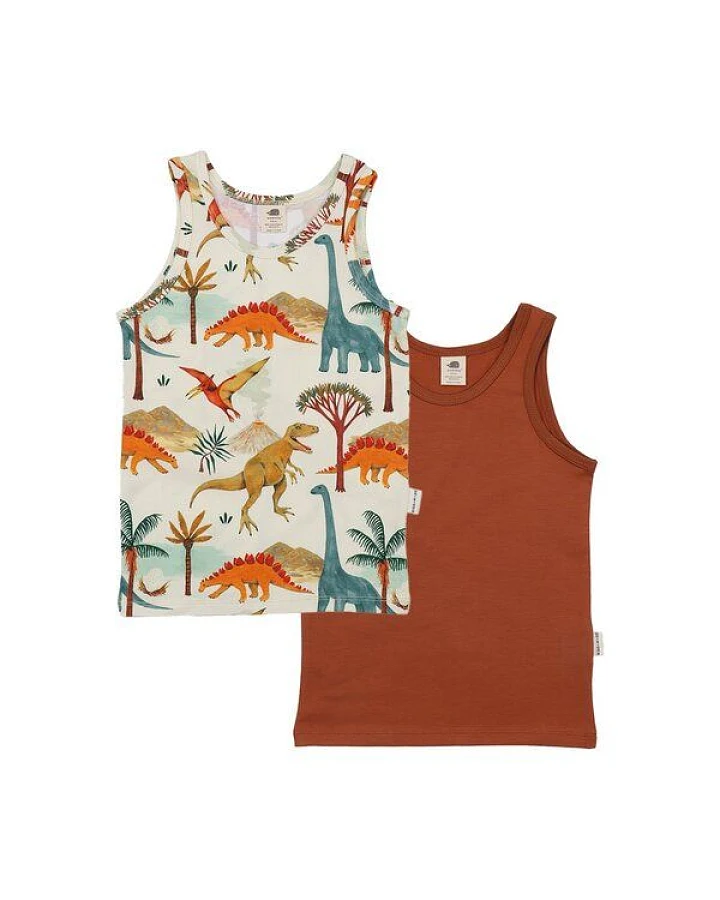Unterhemd 2er-Pack Creme Dinosaurier Allover & Terracotta uni Bio-Baumwolle GOTS – Walkiddy