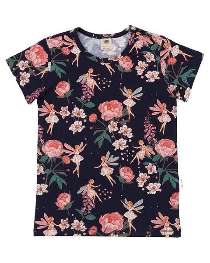 T-Shirt Dunkelblau Feen & Blumen Allover Bio-Baumwolle GOTS Kurzarm – Walkiddy