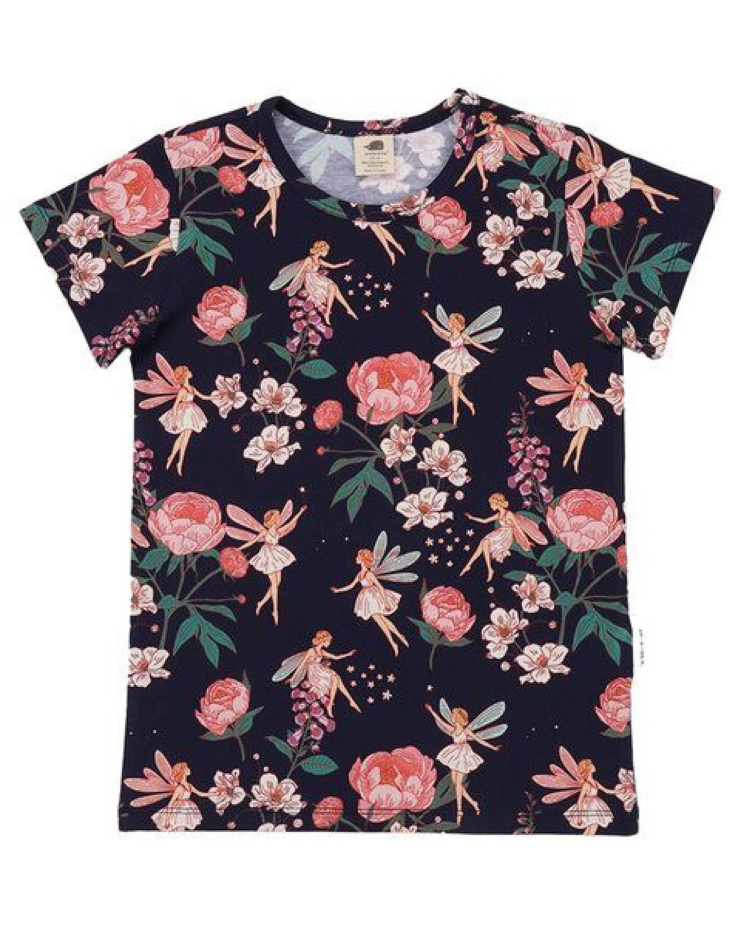 T-Shirt Dunkelblau Feen & Blumen Allover Bio-Baumwolle GOTS Kurzarm – Walkiddy – Ansicht 2