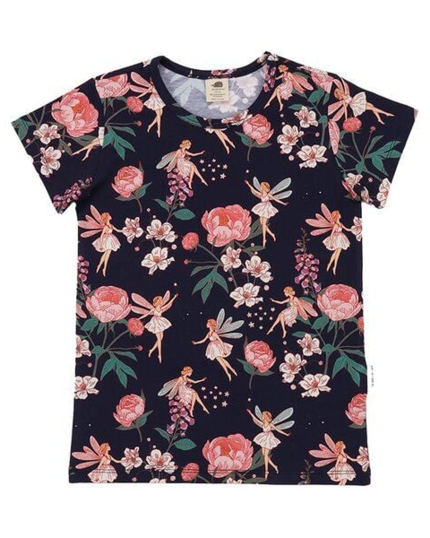 T-Shirt Dunkelblau Feen & Blumen Allover Bio-Baumwolle GOTS Kurzarm – Walkiddy – Ansicht 2