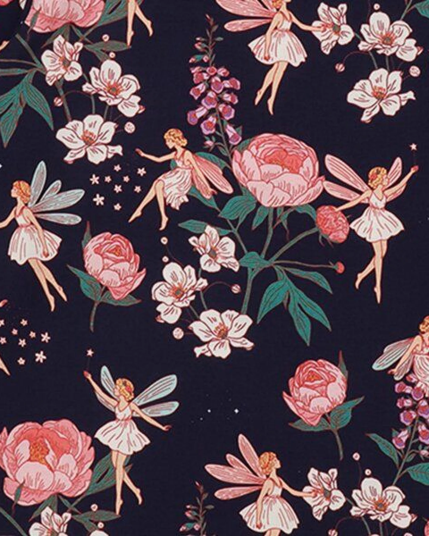 T-Shirt Dunkelblau Feen & Blumen Allover Bio-Baumwolle GOTS Kurzarm – Walkiddy – Ansicht 3