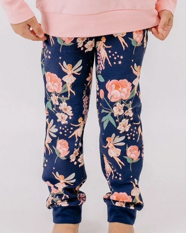 Jogginghose Dunkelblau Feen & Blumen Allover Bio-Baumwolle GOTS – Walkiddy