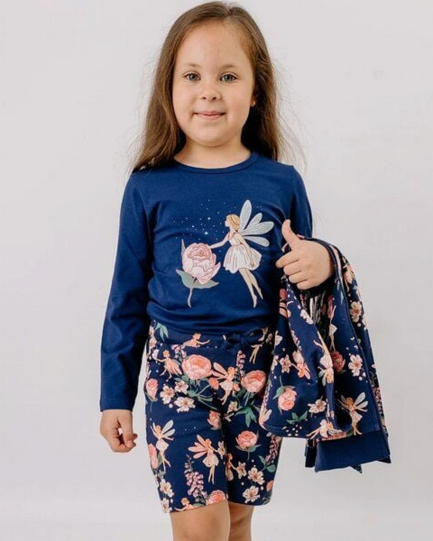 Langarmshirt Dunkelblau Fee & Blume platzierter Print Bio-Baumwolle GOTS – Walkiddy – Ansicht 3