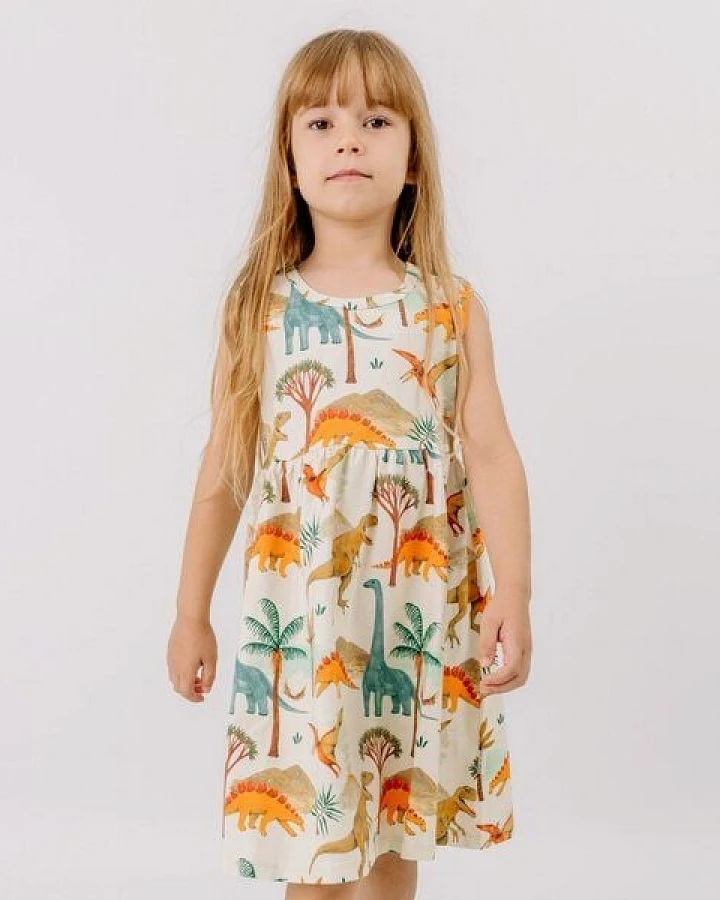Sommerkleid ärmellos Creme Dinosaurier Allover Bio-Baumwolle GOTS – Walkiddy